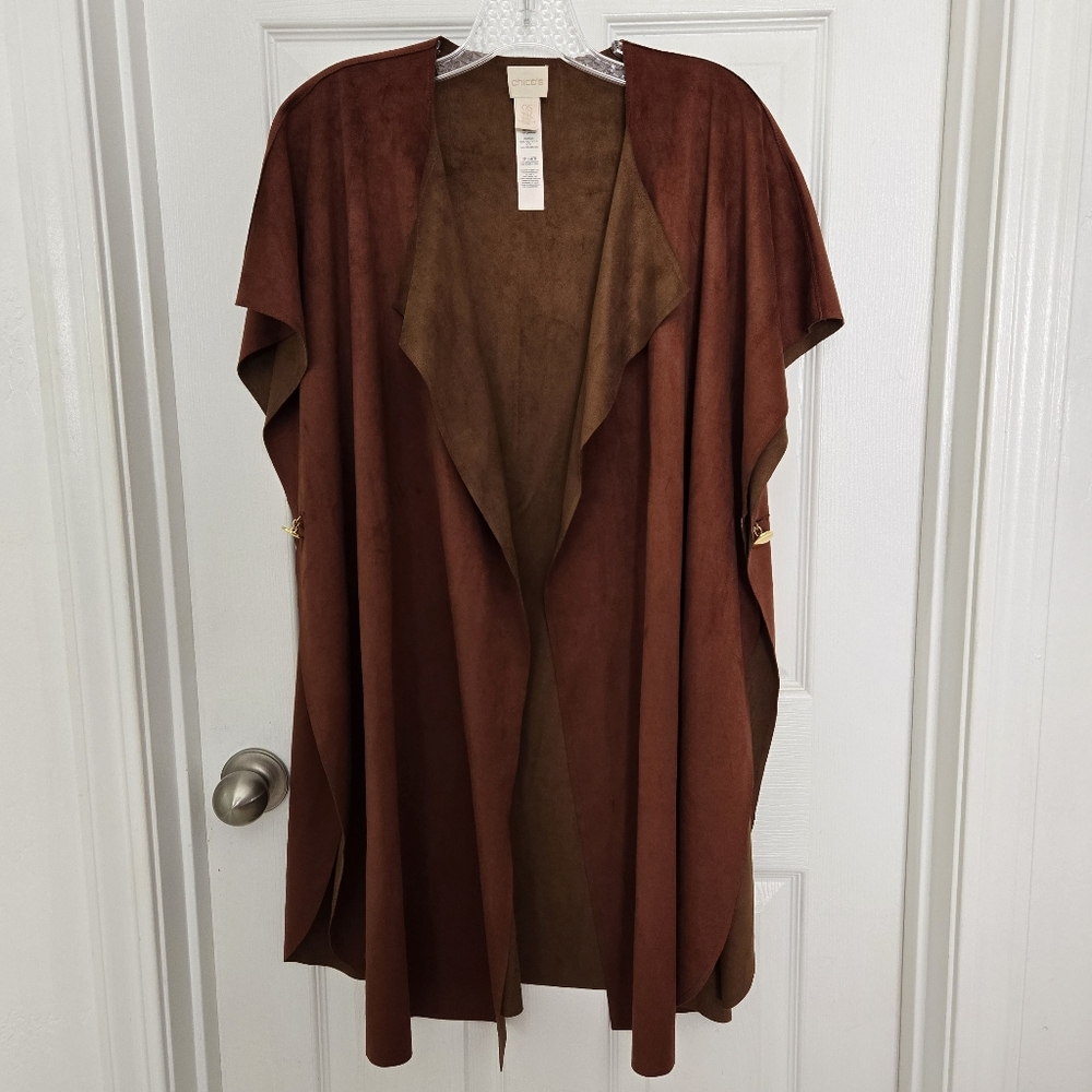 Chicos Faux Suede Poncho Drape Front Open Jacket Capelet Rust color Size OS